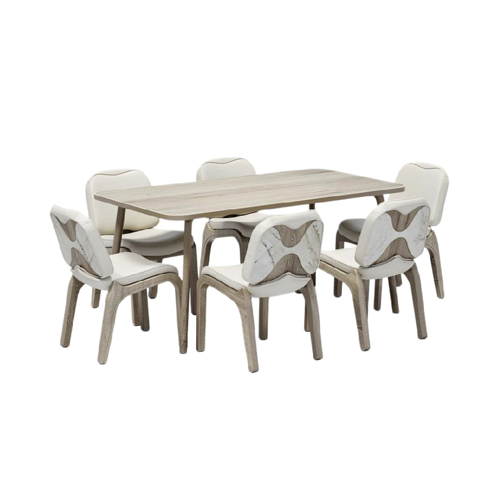 ### Nederlandse Technische Titel:  
Moderne Eettafel Set met Marmeren Stoelen en Houten Onderstel
