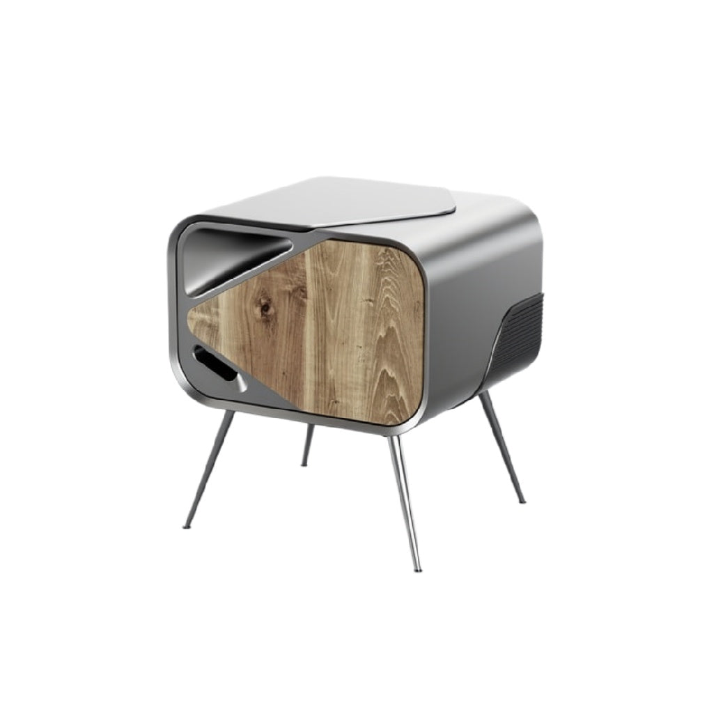 **Technisch ontwerp van een moderne retro TV-meubel met houten front en metalen poten**