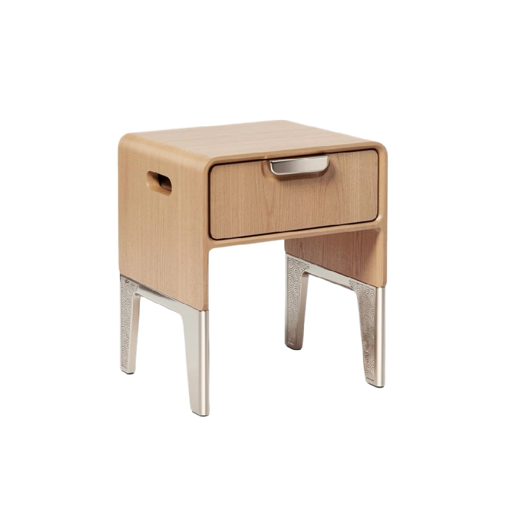 Moderne nachttafel met houten afwerking en metalen poten