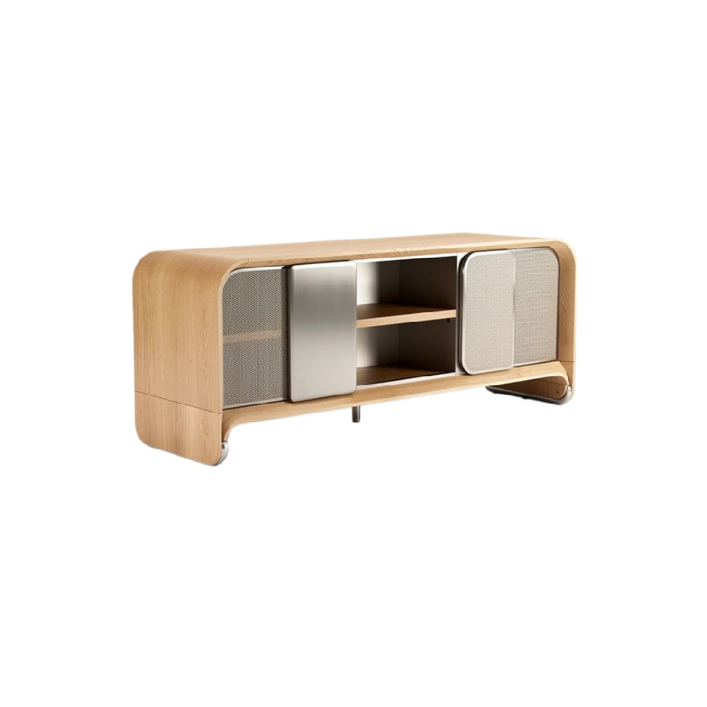 Technische titel: "Moderne Houten TV-meubel met Metaalaccenten en Open Opslag"